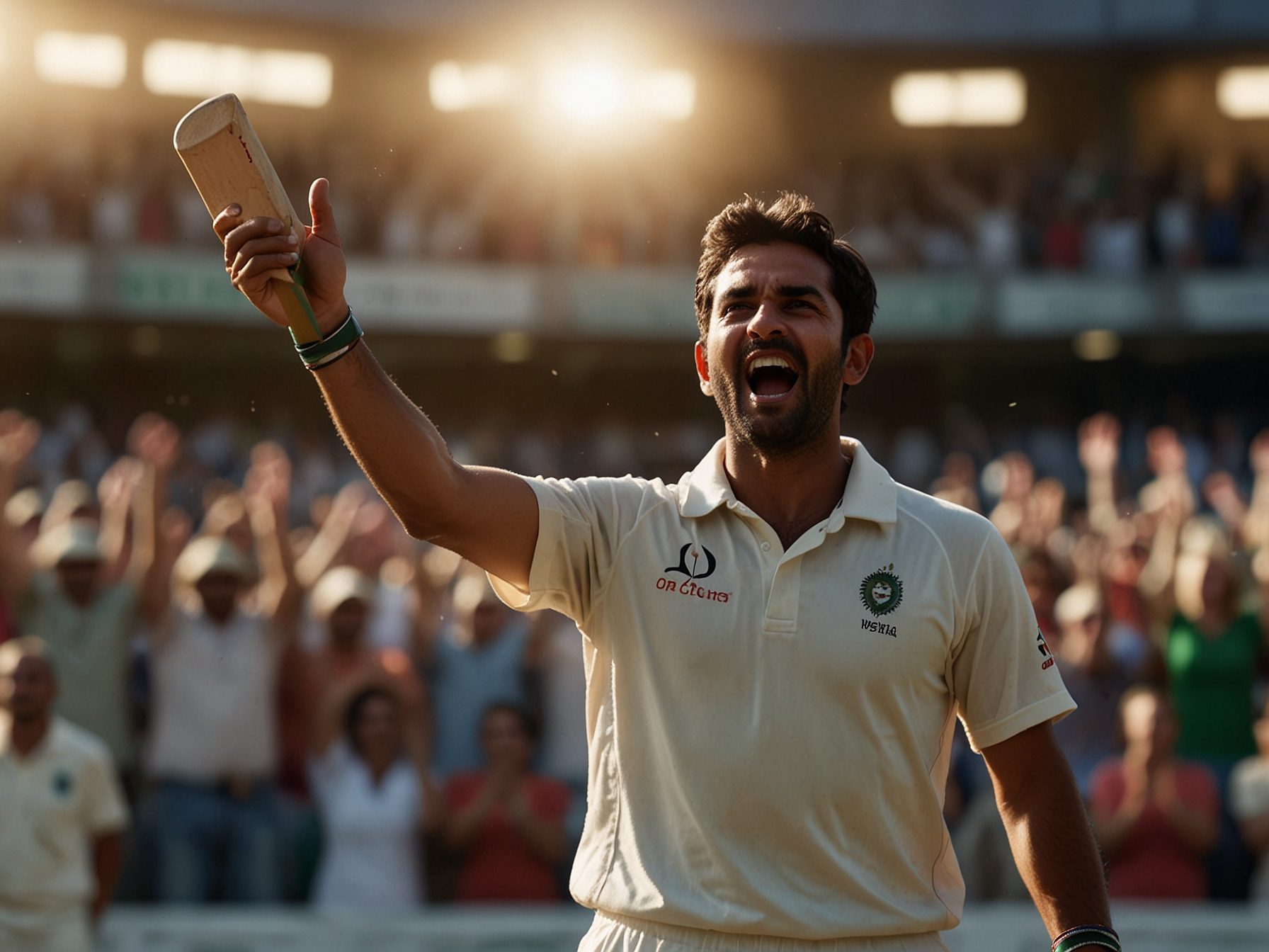 Cricket player celebrating a win with dynamic stadium background
